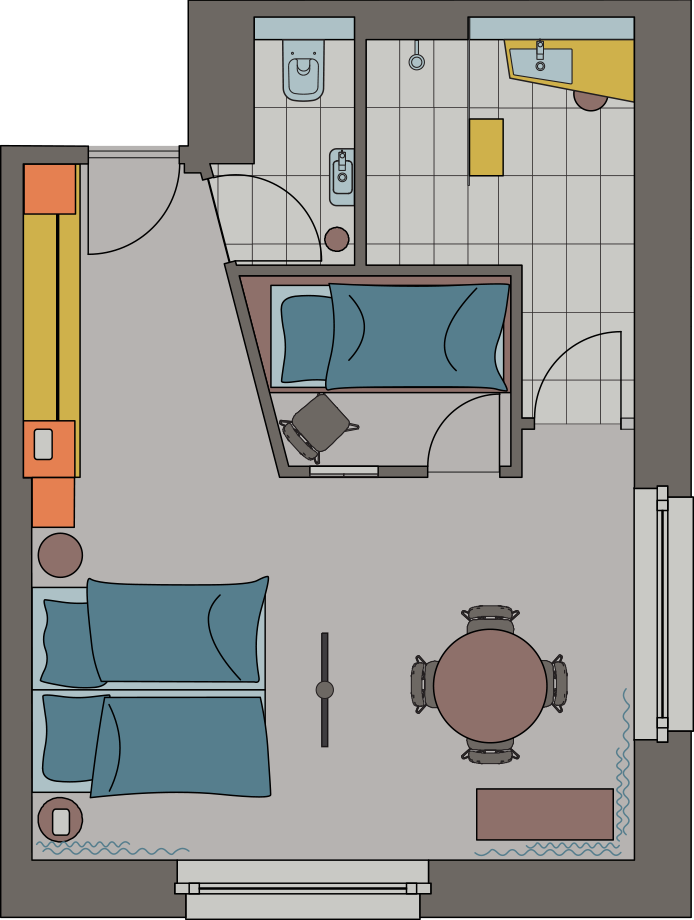 Floor plan of EXTRA LARGE room with double bed, separate children's bunk, dining table and toilet separated from the bathroom