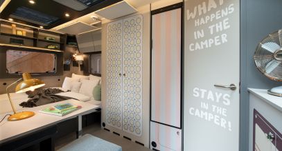 View of table and chill lounge in camper RETRO Coco